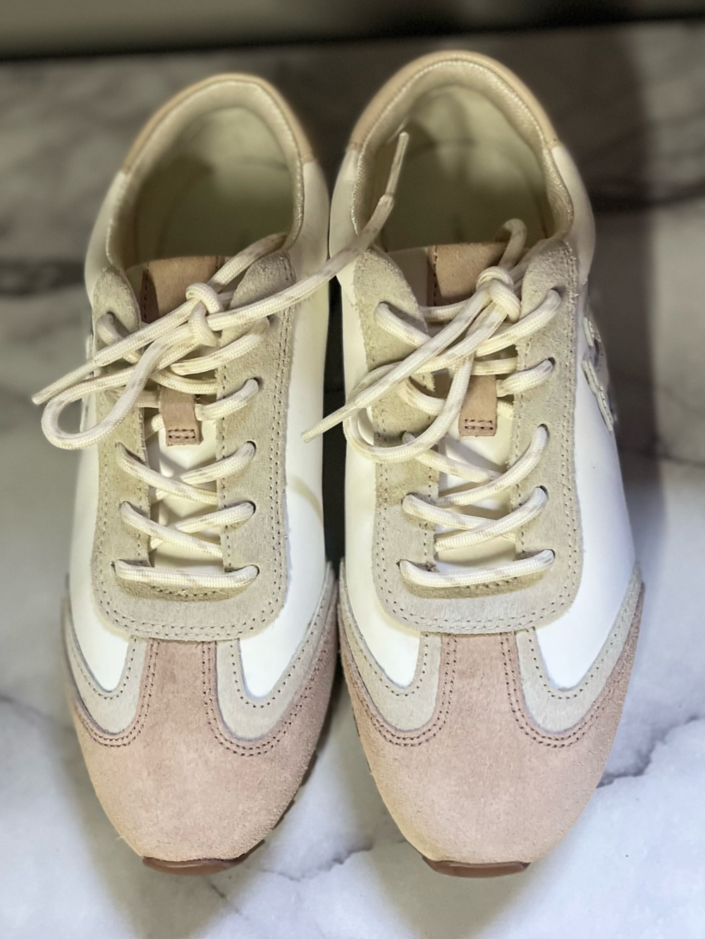 Tory Burch Hank Sneaker Women's Retro Runner White Beige Suede Nylon Size 7M